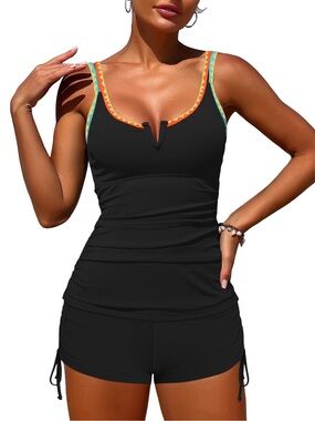 Zaful Two Piece Tankini Swimsuit Women’s Size S Black Neon Trim Boy Shorts